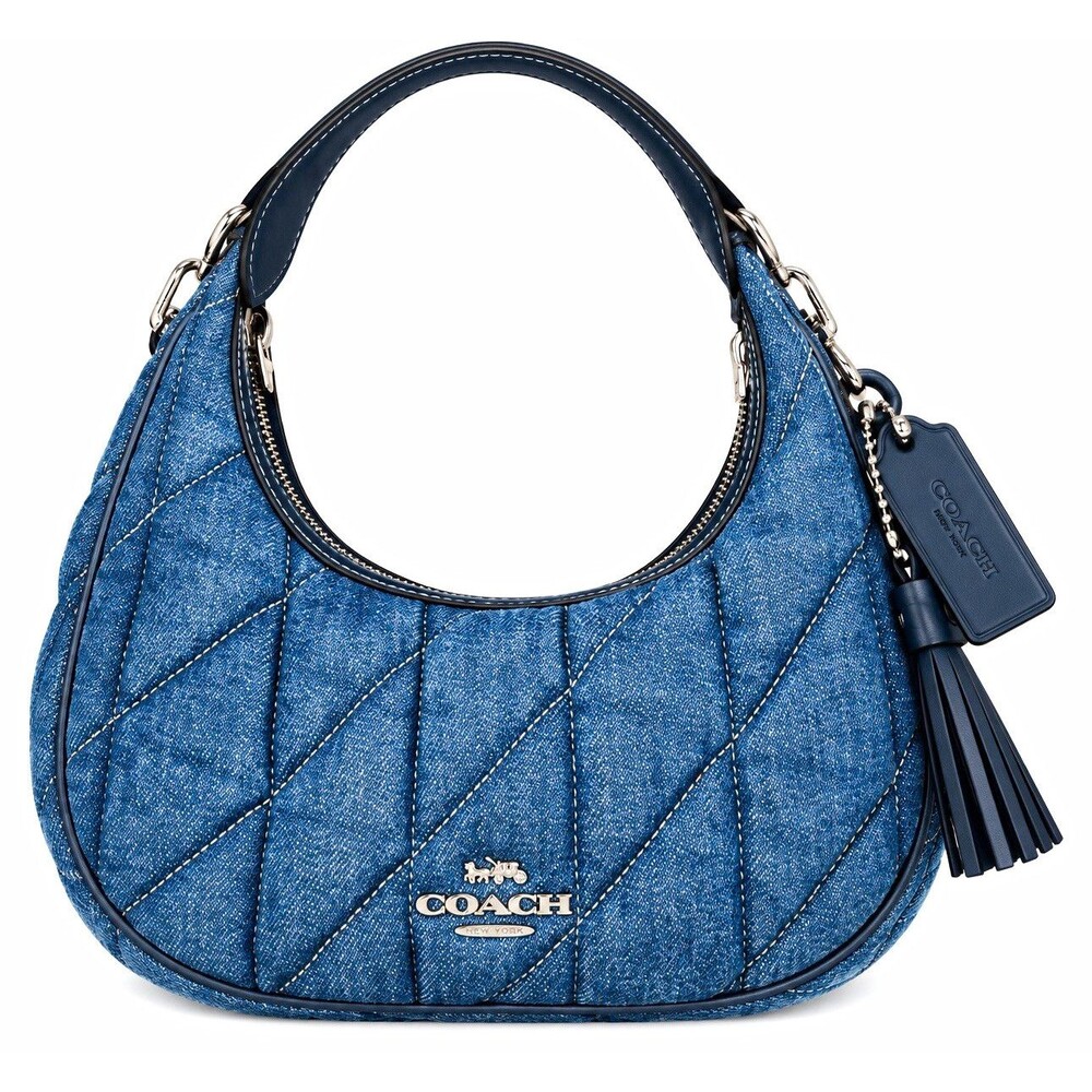 Coach Blue Quilted Denim Leather Crescent Zip Top Handle Shoulder Bag Charm